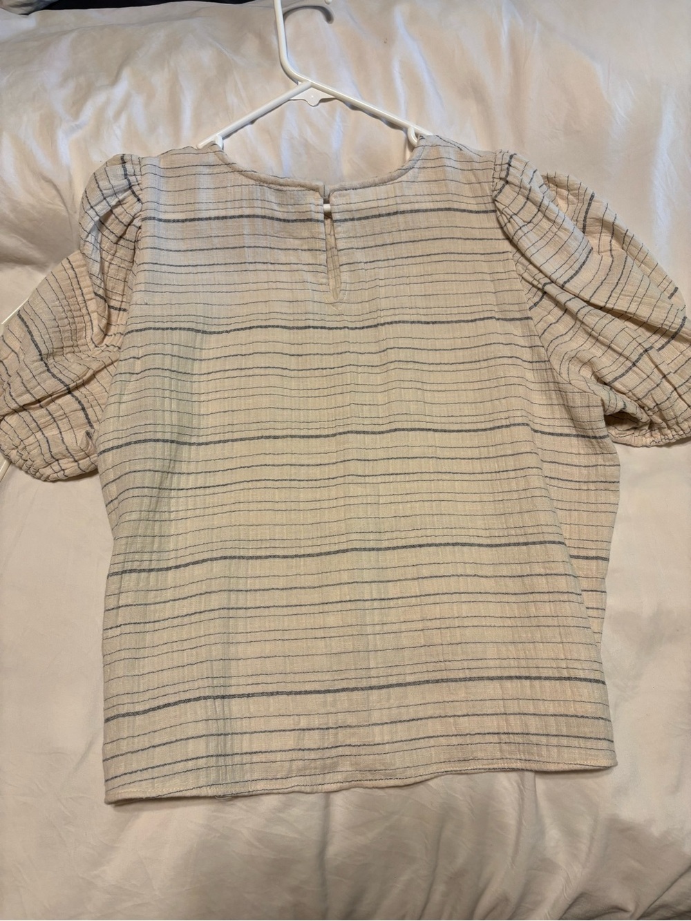 1. State Cream and Navy Striped Puff Sleeve Blouse